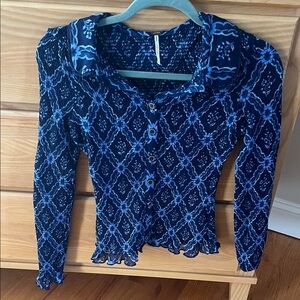 Free People Blue Patterned Long-Sleeve Button Front Women's Top SMALL